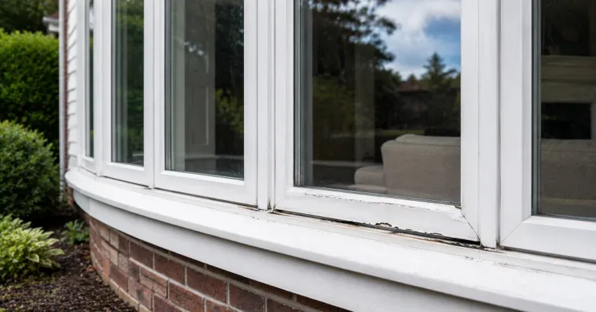 technician inspecting bow window frame and seal for damage in Etobicoke