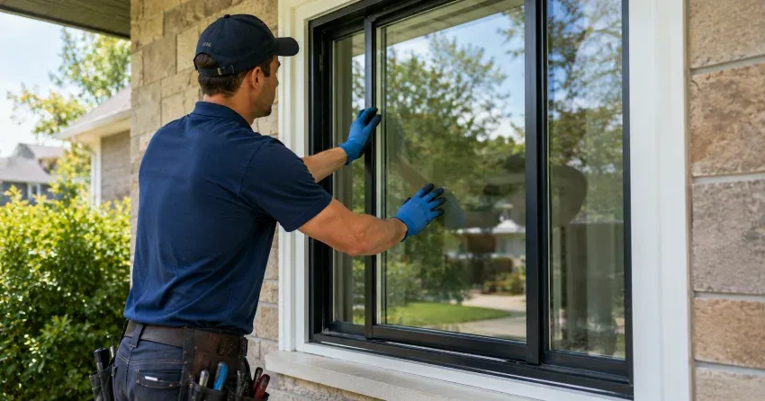 technician measuring a broken window pane for replacement in Rexdale, Etobicoke