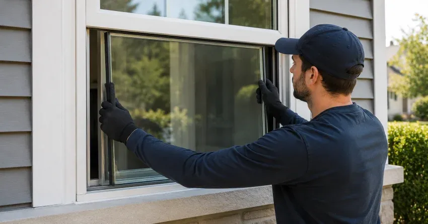 technician boarding up broken window during emergency glass repair Richview, Etobicoke