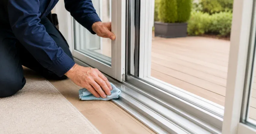 technician inspecting a sliding patio door track in Mimico, Etobicoke