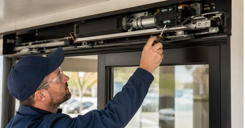 technician completing automatic door repair on residential property in Islington-City Centre West, Etobicoke