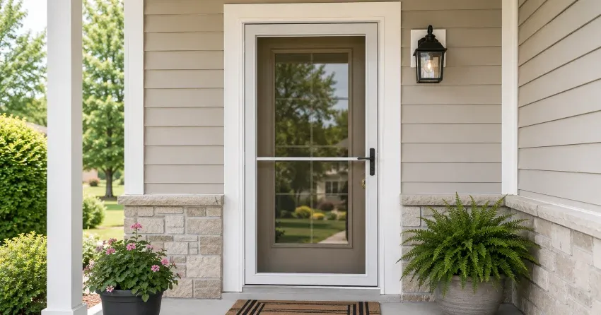 technician hanging storm door square and plumb in Markland Wood, Etobicoke