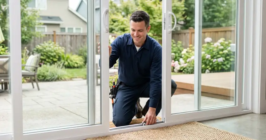technician diagnosing a sticking patio door in Markland Wood, Etobicoke
