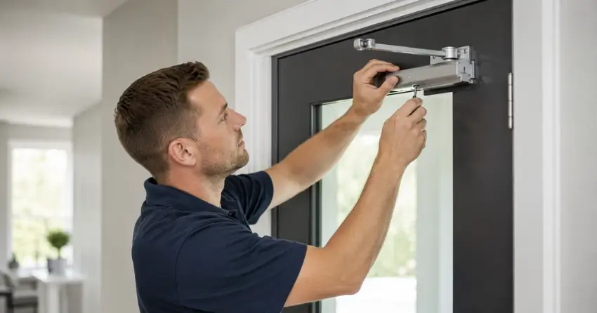 technician adjusting door closer hydraulic valve in Rexdale, Etobicoke home