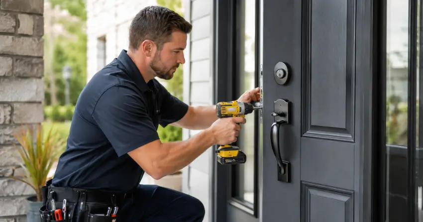 locksmith installing deadbolt lock on exterior door in Etobicoke