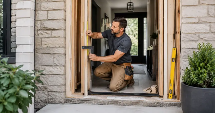 exterior door installer assessing rough opening in Eatonville, Etobicoke