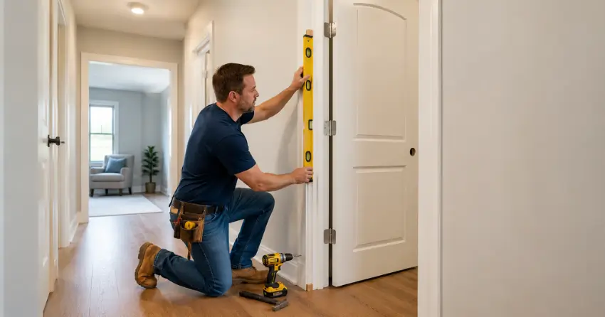 technician installing a pre-hung interior door in a home hallway Princess Gardens, Etobicoke