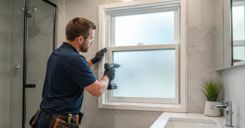 frosted glass installation bathroom window in Edenbridge-Humber Valley, Etobicoke