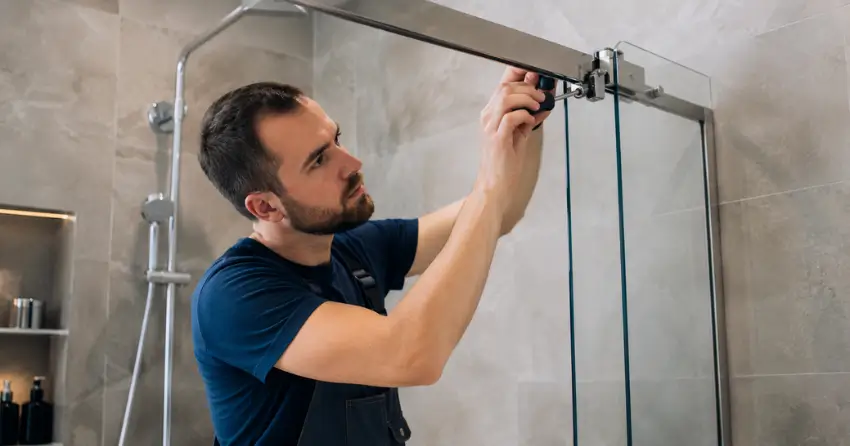 technician adjusting shower door hinge and track in Etobicoke
