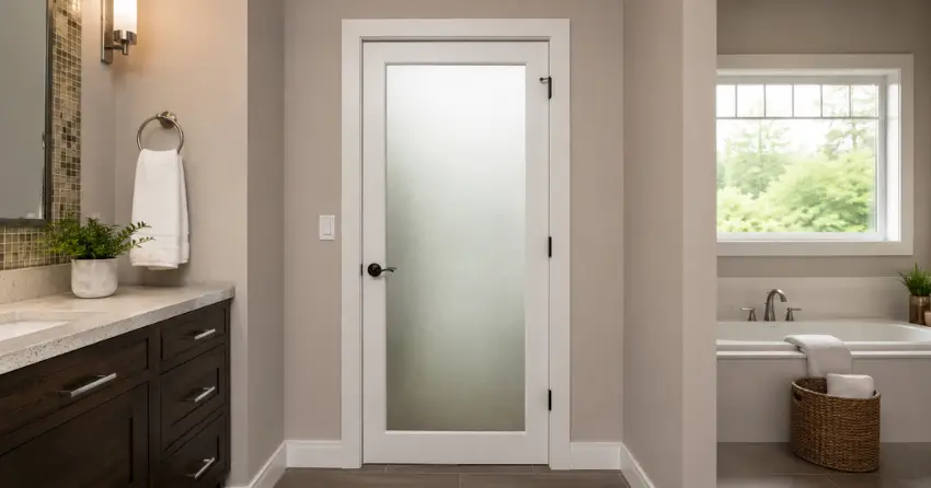 frosted glass panel bathroom door installed in a Richview, Etobicoke home