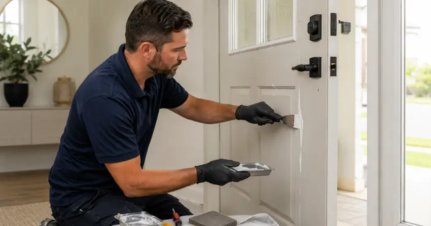technician repairing fiberglass door surface crack in Centennial Park, Etobicoke
