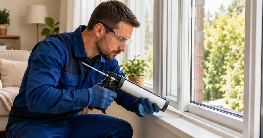 technician repairing window seal and frame in Smithfield, Etobicoke
