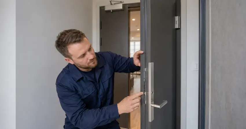 technician inspecting fire-rated door seal and hardware in Markland Wood, Etobicoke