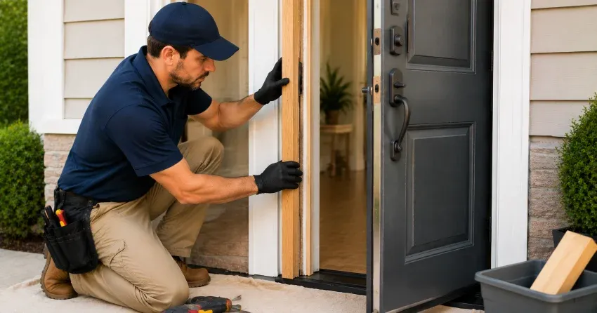 technician inspecting damaged door frame corner in West Deane Park, Etobicoke
