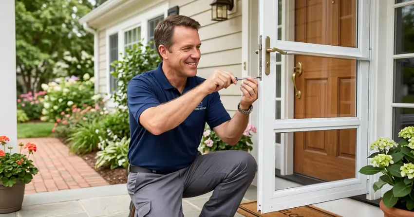 technician adjusting storm door hinge and closer in Islington-City Centre West, Etobicoke